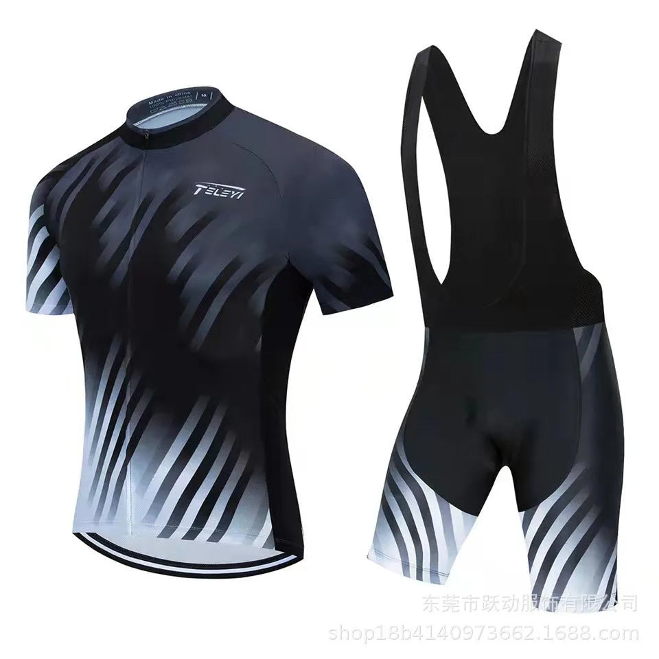 Cycling jersey and pants set for summer biking with moisture-wicking fabric.