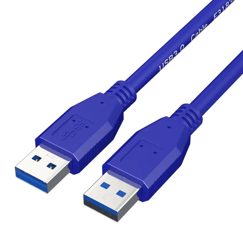 USB 3.0 male to male data cable for external hard drives, showing nickel-plated connectors.