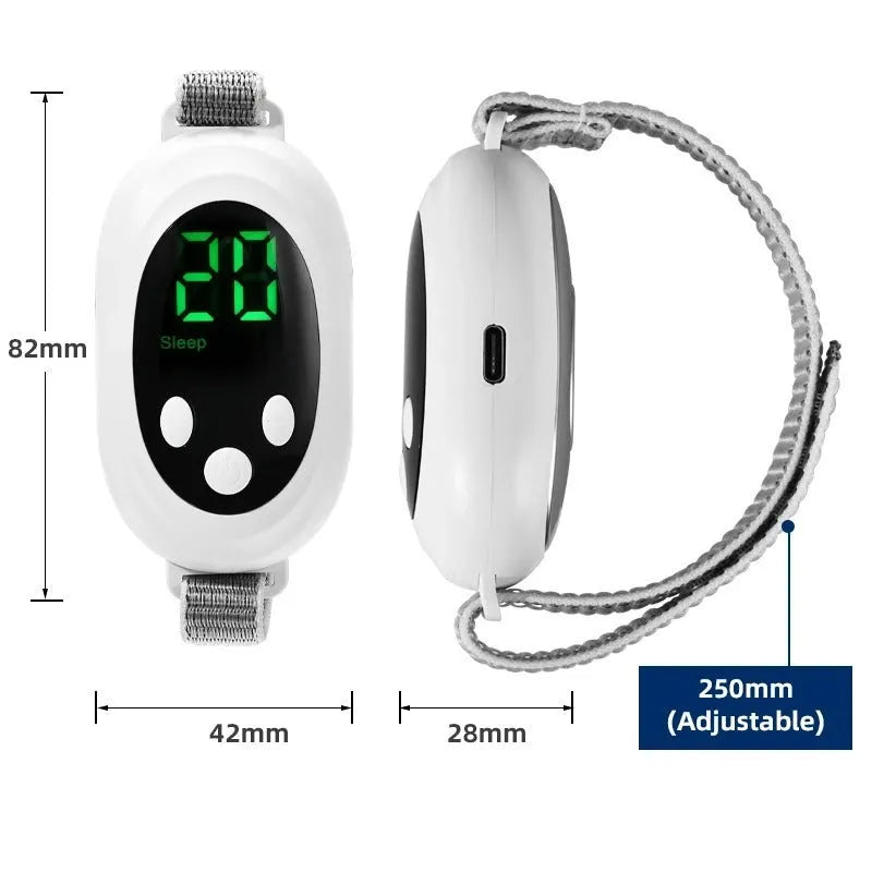 White handheld sleep aid device with remote control and adjustable intensity settings
