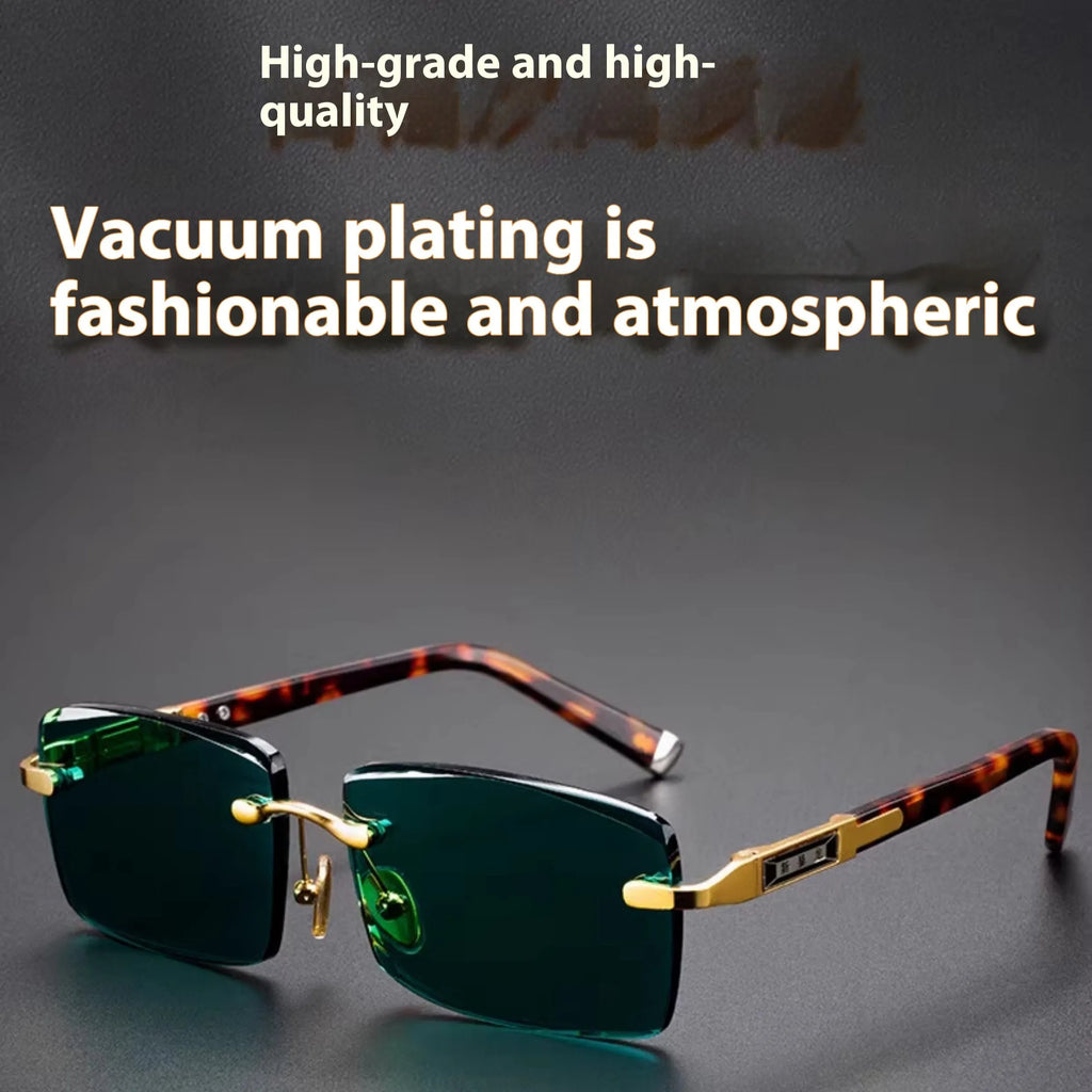 Frameless dark green crystal sunshade glasses with a glasses case and lens cloth
