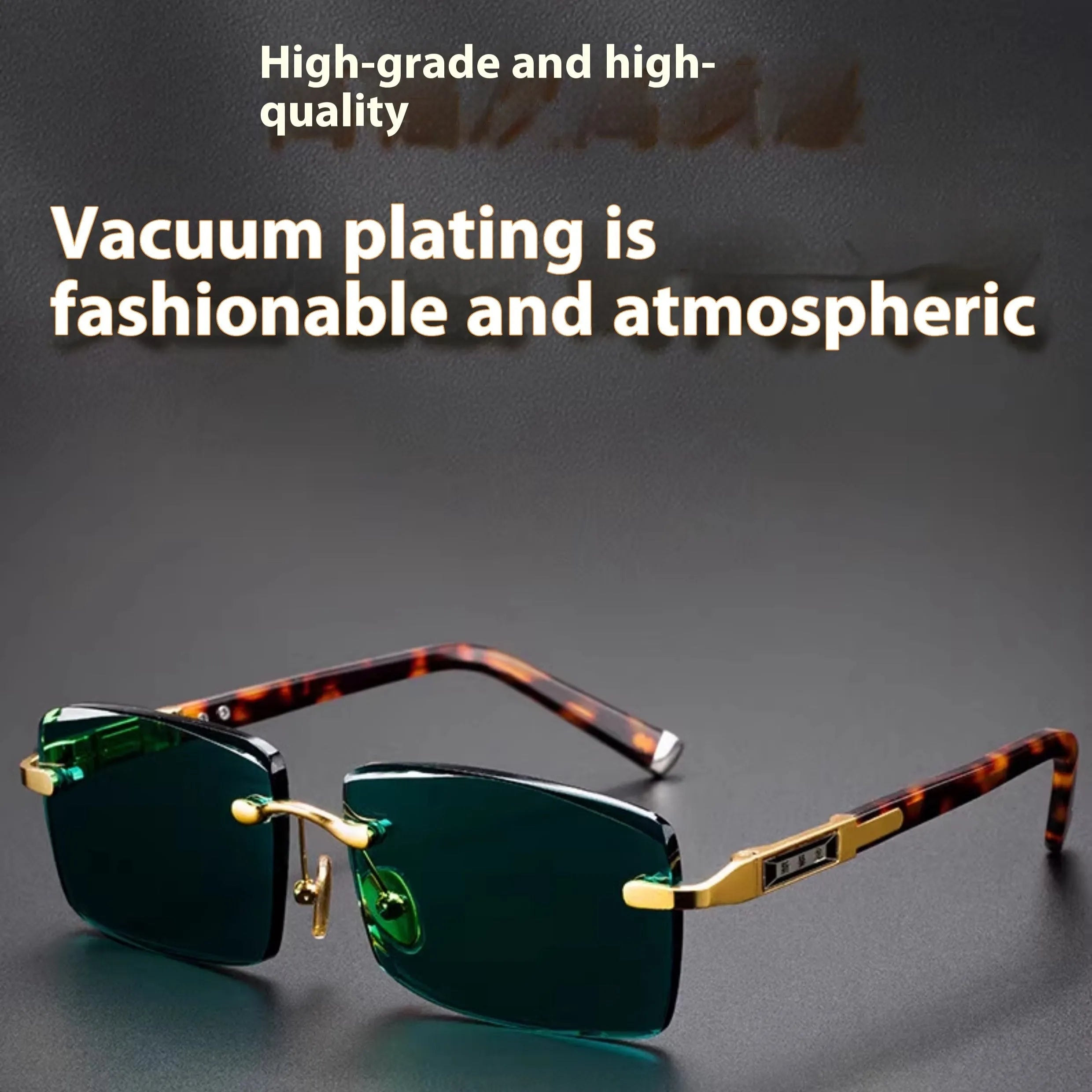 Frameless dark green crystal sunshade glasses with a glasses case and lens cloth
