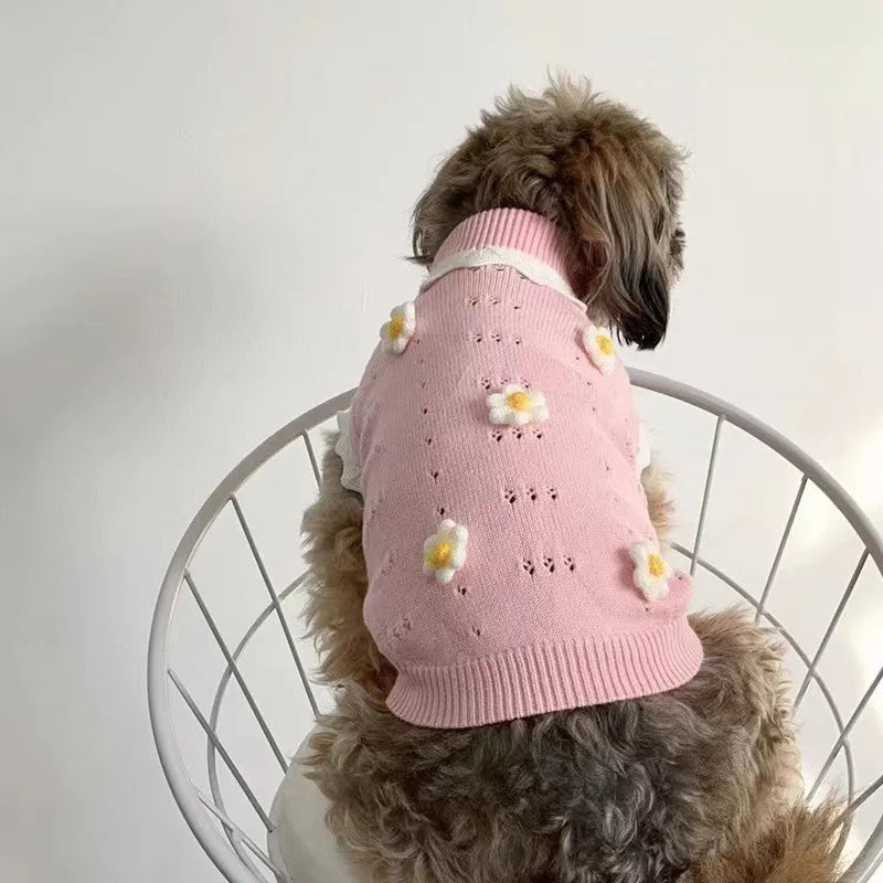 Flower blossom pattern knit sweater for dogs and cats in green or pink colours