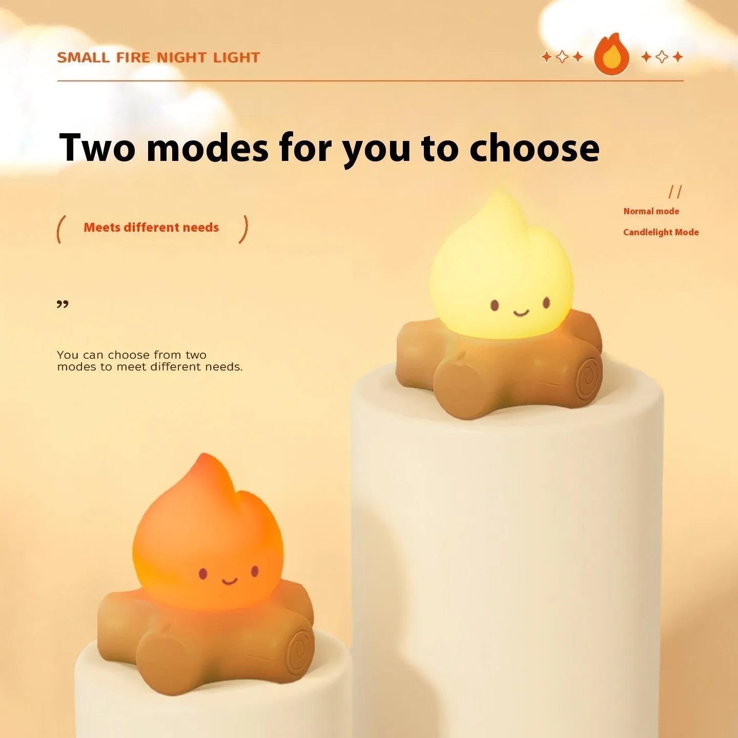 Small cartoon silicone fire pile night lamp with warm yellow lighting on wooden surface