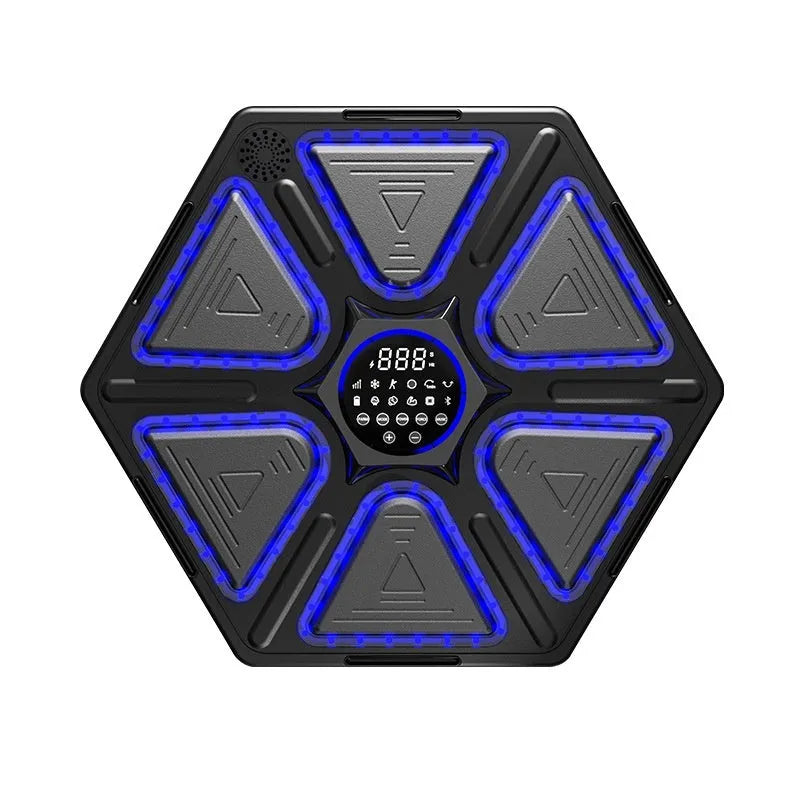 Electronic boxing wall target with music rhythm system showing dimensions and installation options