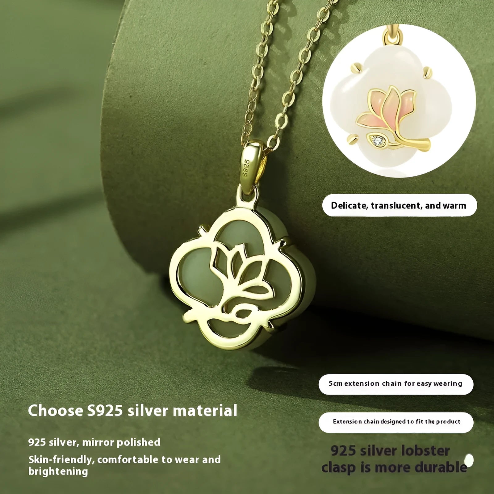 S925 Sterling Silver necklace, bracelet and earrings set with inlaid Hetian Jade magnolia flower design.