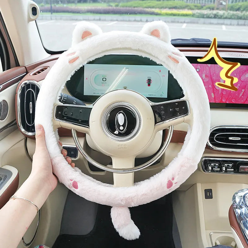 Plush cartoon steering wheel cover with rabbit fur embroidery, shown in bear design, for 38cm diameter wheels.