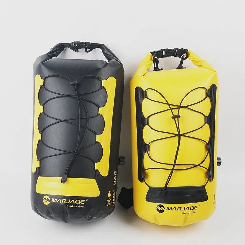 20-litre yellow and black waterproof camping backpack with dry-wet separation compartments for water sports