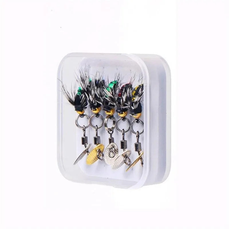 Five bionic poisonous mosquito fishing lures with spinning sequins in multicolour patterns