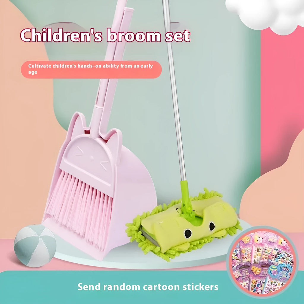 Purple broom and dustpan set with rotating head and brush holder storage