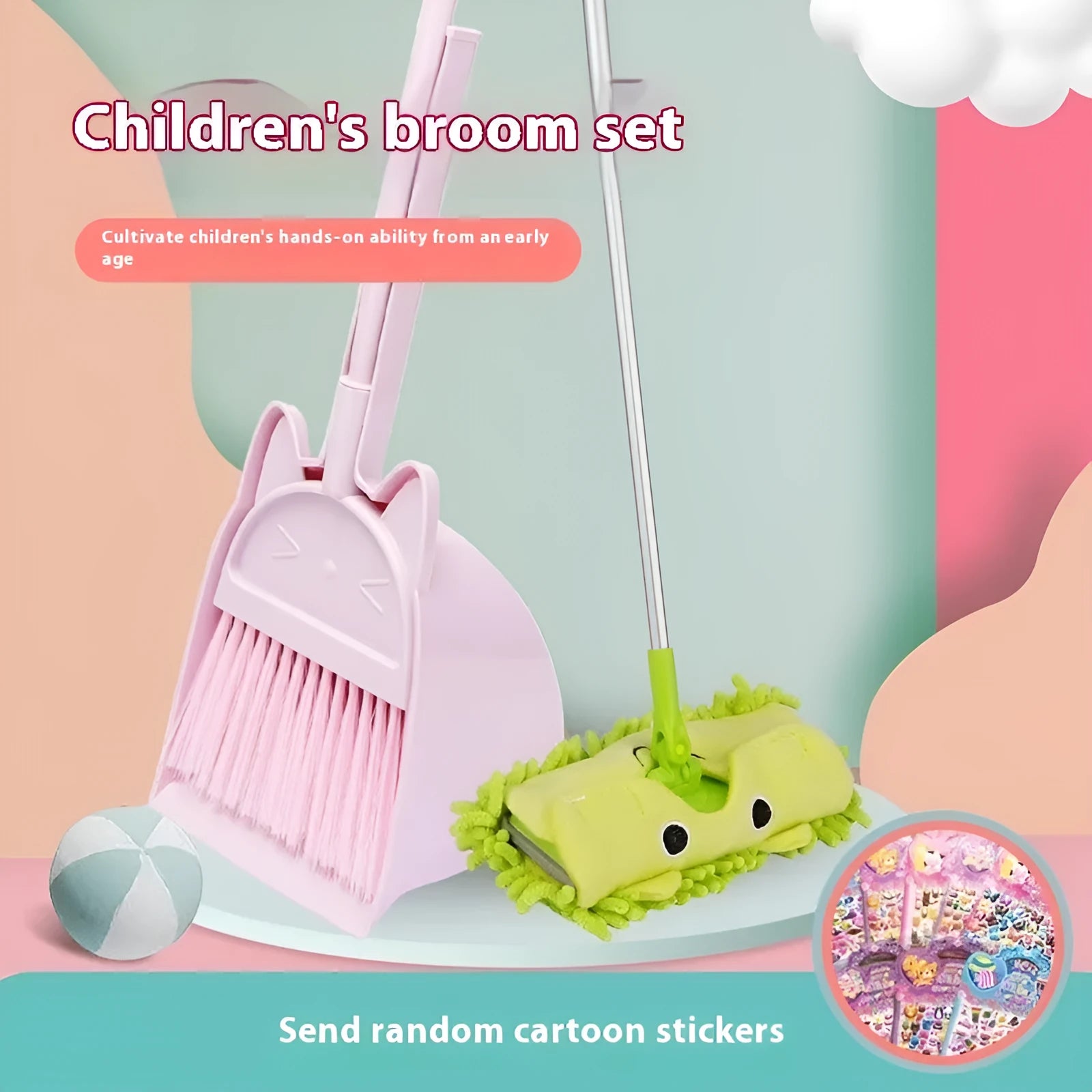 Purple broom and dustpan set with rotating head and brush holder storage