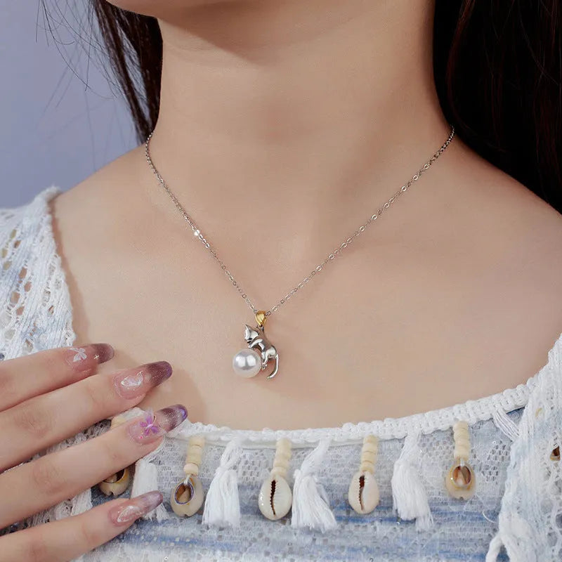 925 sterling silver cat pendant clavicle chain necklace with optional pearl beads