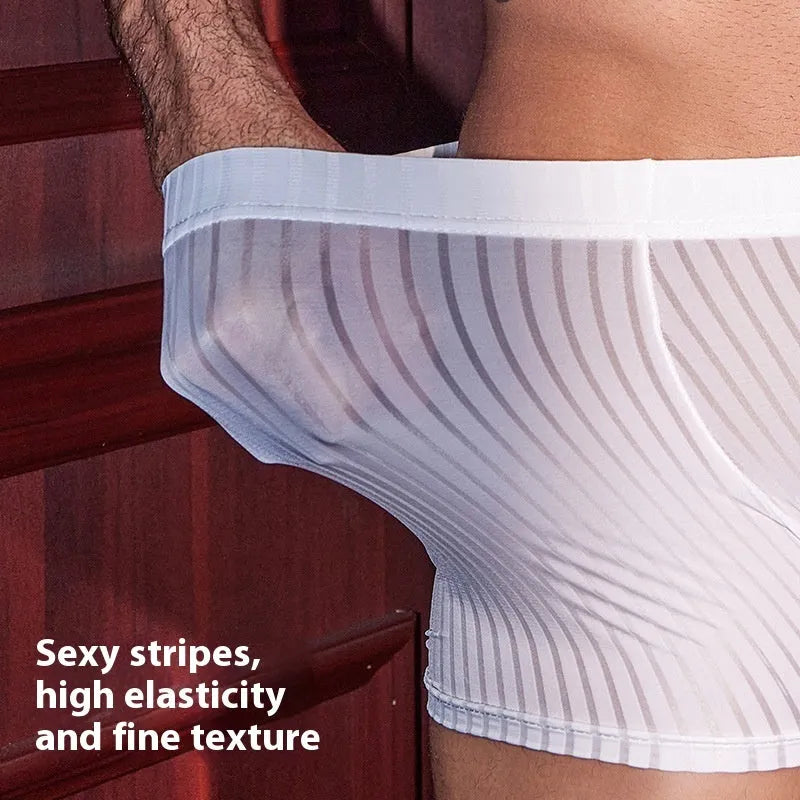Men's black striped boxer briefs made from high-elastic nylon fabric.