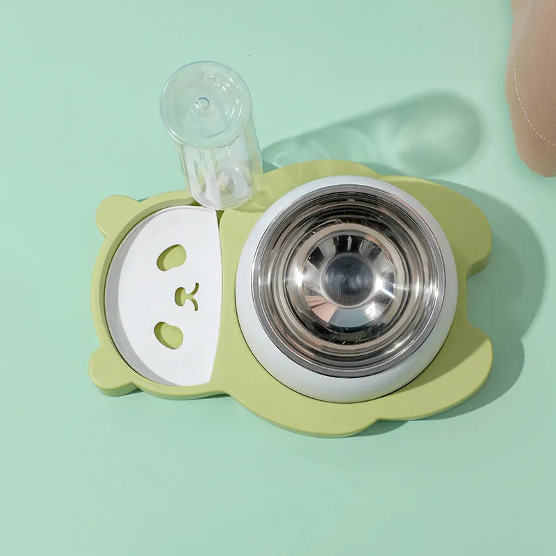 Grey panda-shaped elevated pet feeder with tilted stainless steel bowls and attached water bottle