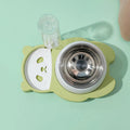 Grey panda-shaped elevated pet feeder with tilted stainless steel bowls and attached water bottle