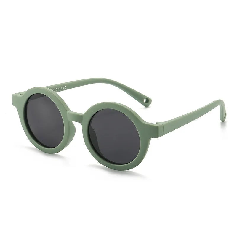 Children's silicone sunglasses with round full frame, UV400 polarised TAC lenses, and flexible TPEE construction for 0-3 year olds