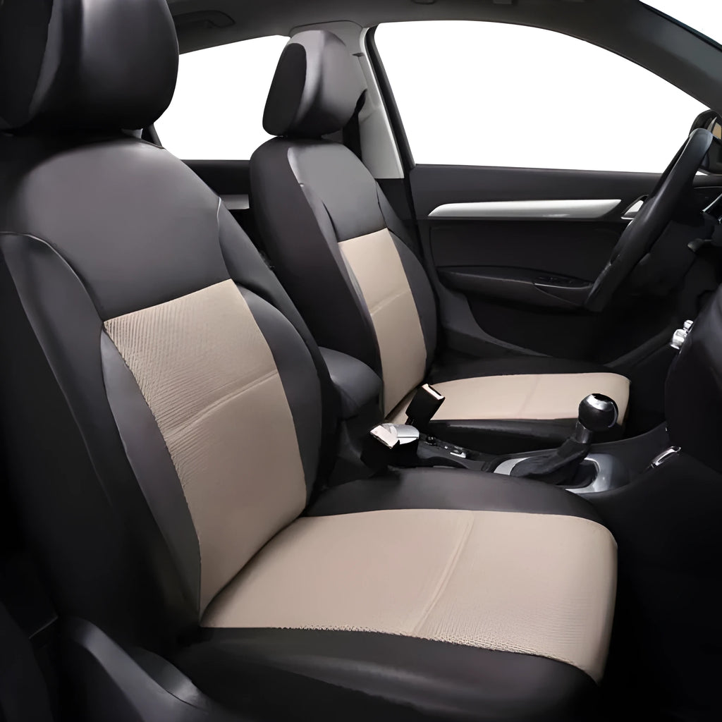 Black artificial leather car seat covers installed on front seats of a 5-seater vehicle.