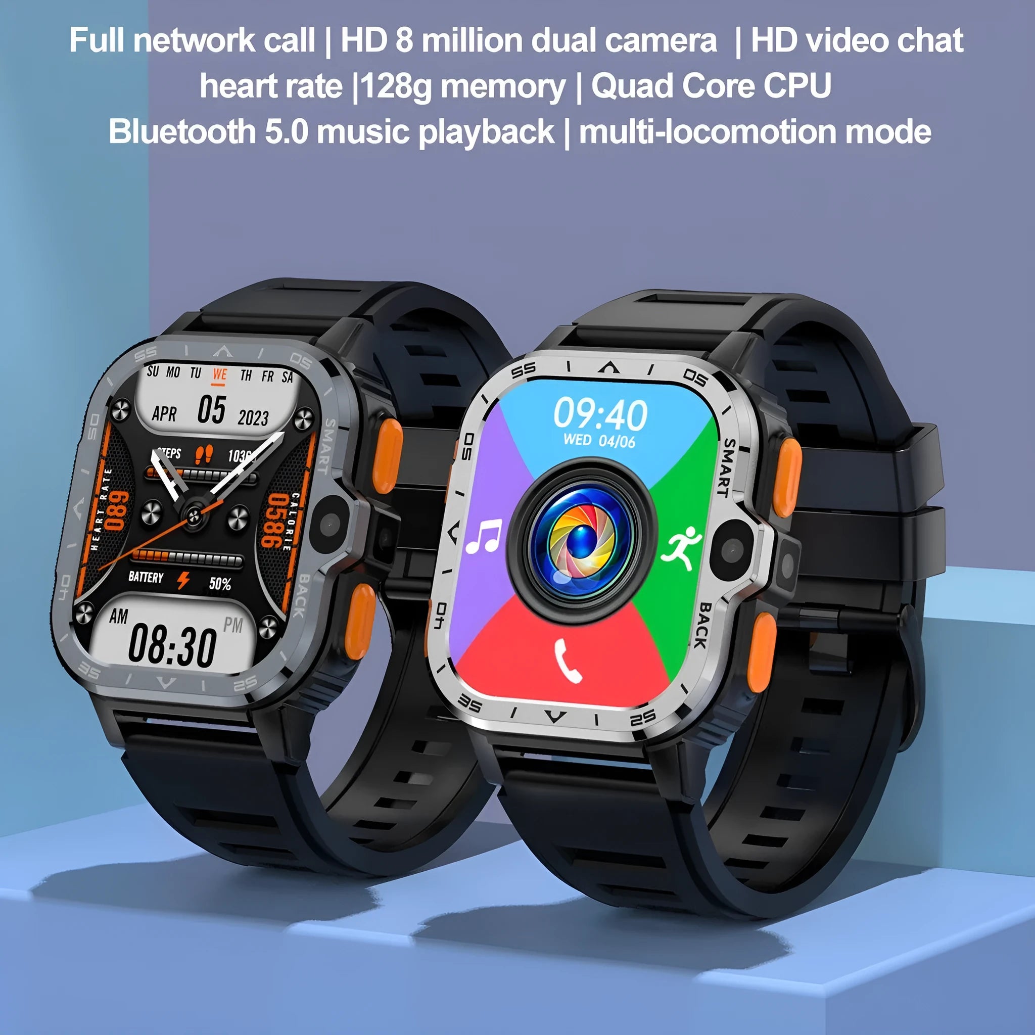 Black Android smart watch with touch screen displaying time, worn on wrist.