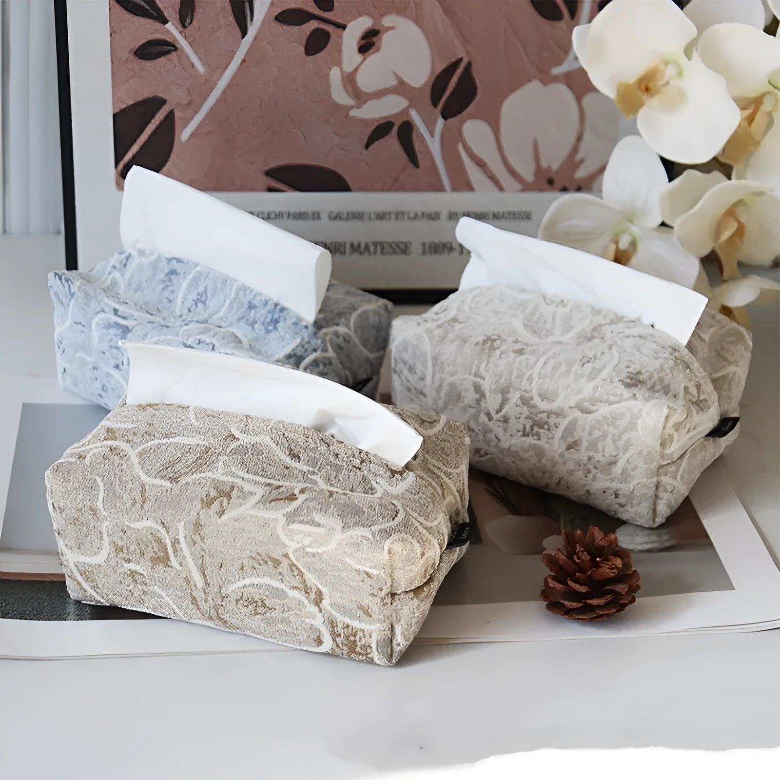 Chinese style floral print cotton fabric tissue box in beige, blue, or brown, 17cm long.