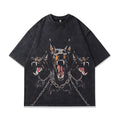 Man wearing a loose-fit short sleeve t-shirt with a printed character design on pure cotton fabric.