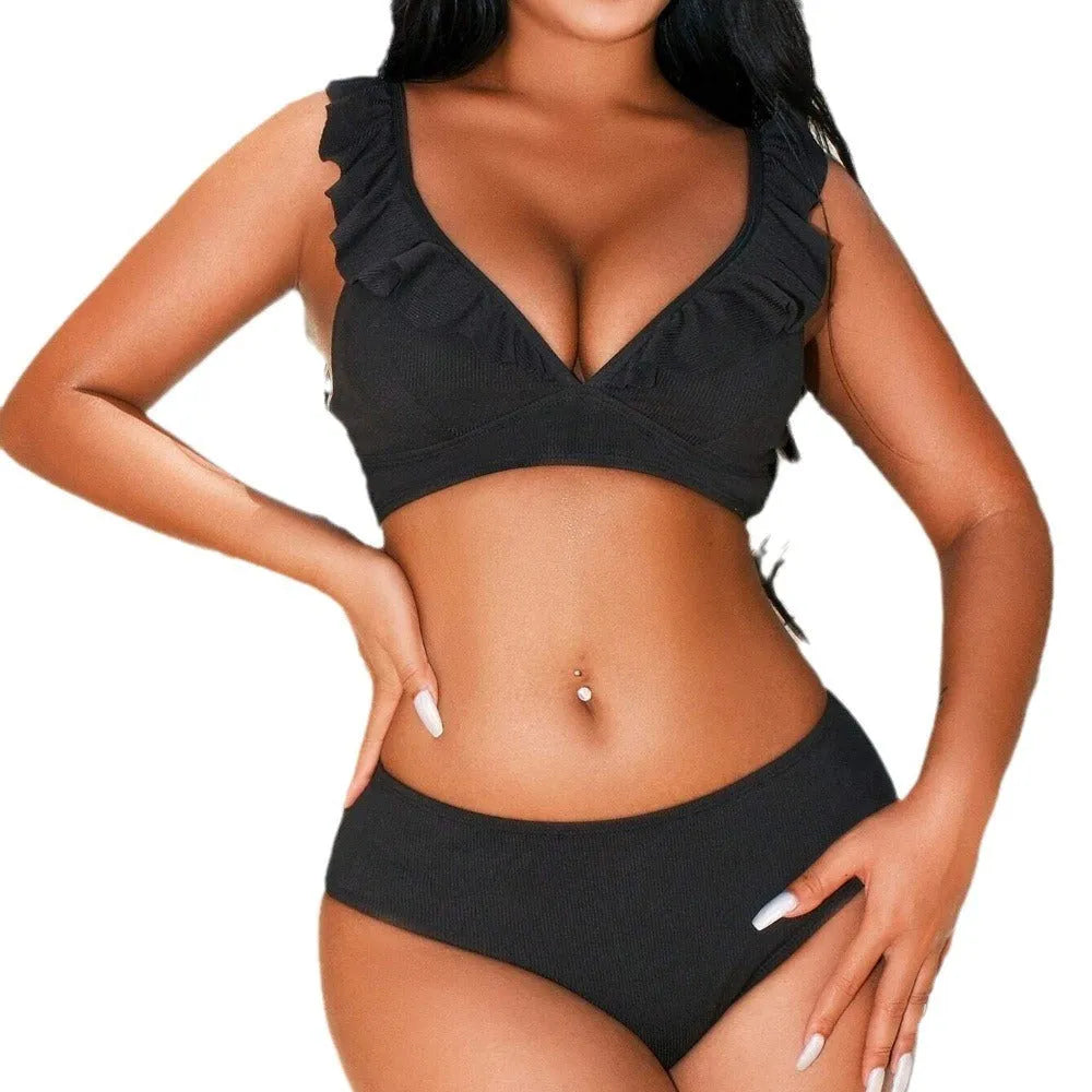 Striped split bikini swimsuit with small chest design in retro colour patterns