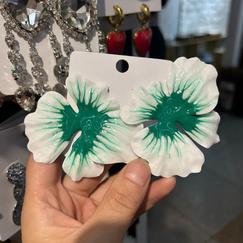 Pastoral style alloy flower stud earrings with oil-spot glaze finish in four colour options