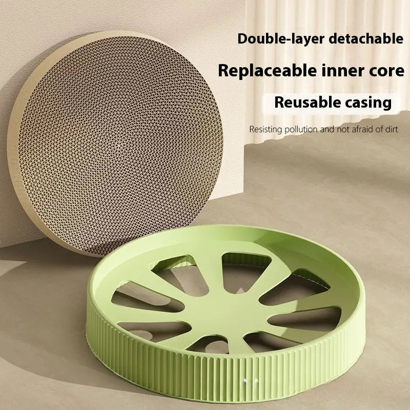 Green and white round corrugated paper cat scratching board nest with two refill packs
