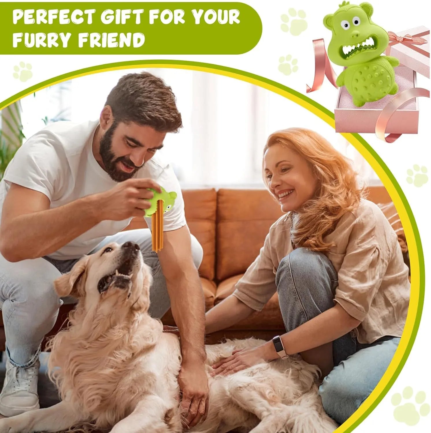 Green and yellow thick natural rubber squeaky dog chew toy for aggressive chewing dogs