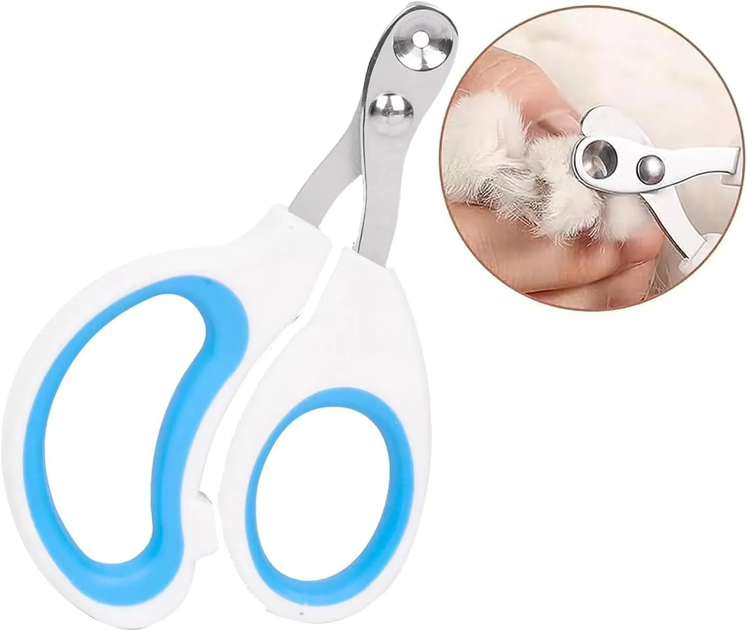 Blue cat nail clippers with a circular cutting hole and cushioned handles on a white surface.