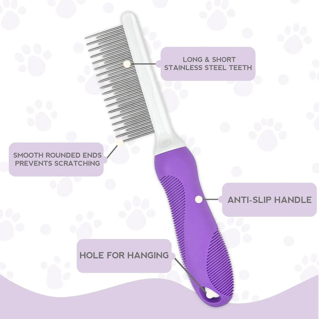 Purple pet detangling comb with stainless steel teeth and ergonomic handle for dogs and cats.