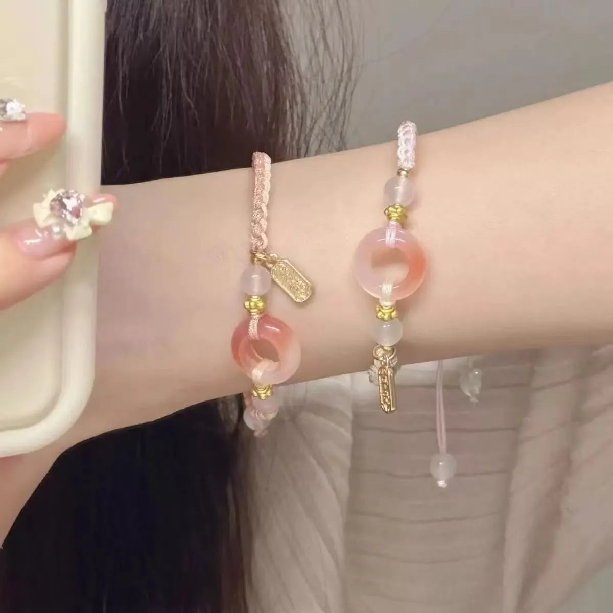 National style woven bracelet with peace buckle in peach blossom colours