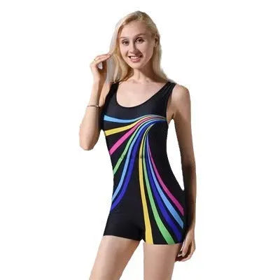 Women's one-piece swimsuit in quick-dry polyester, showing sleeveless conservative style on a mannequin.