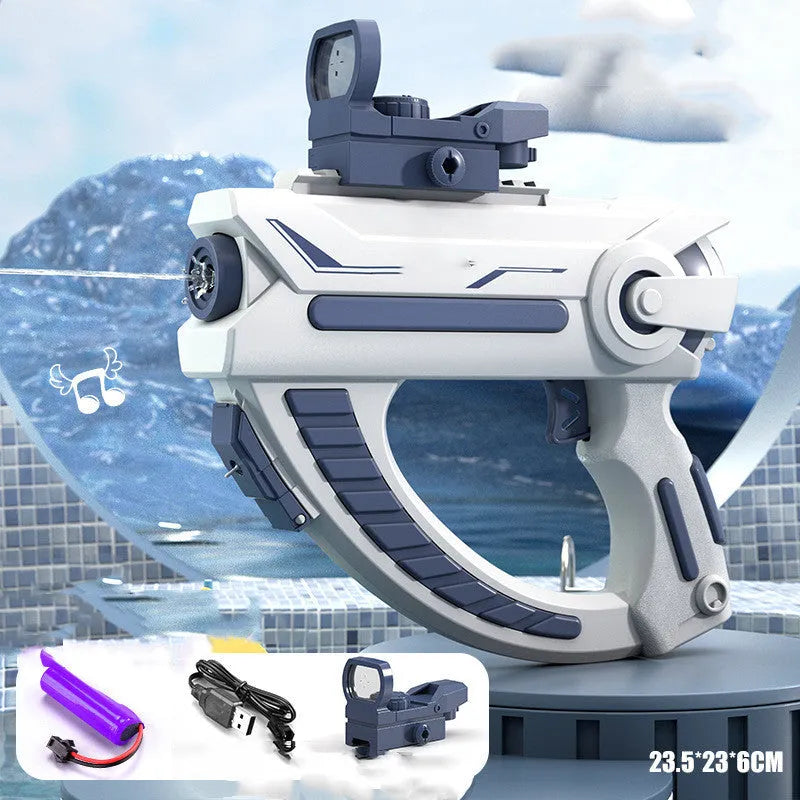 Blue automatic electric water gun with USB charging port held in a child's hand, ready for summer outdoor play.