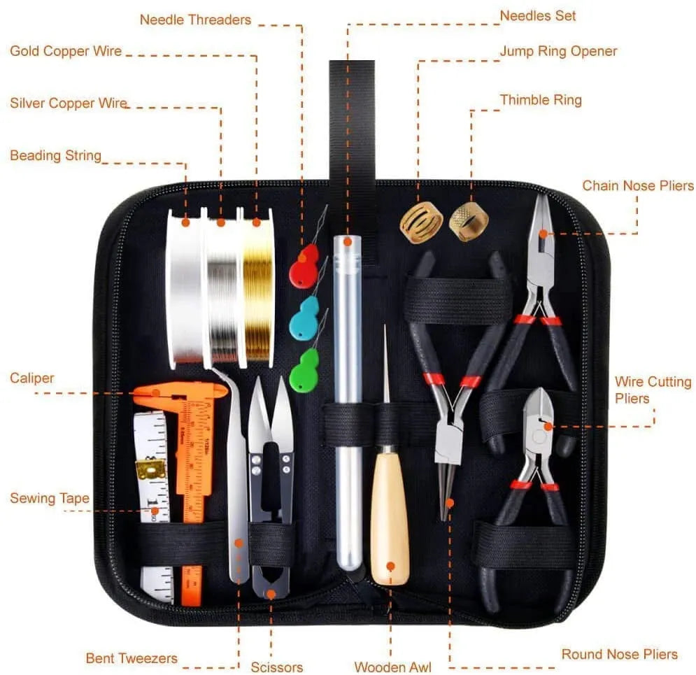 Jewelry making repair kit with metal beads, copper wire, and pliers in a compact 23cm case