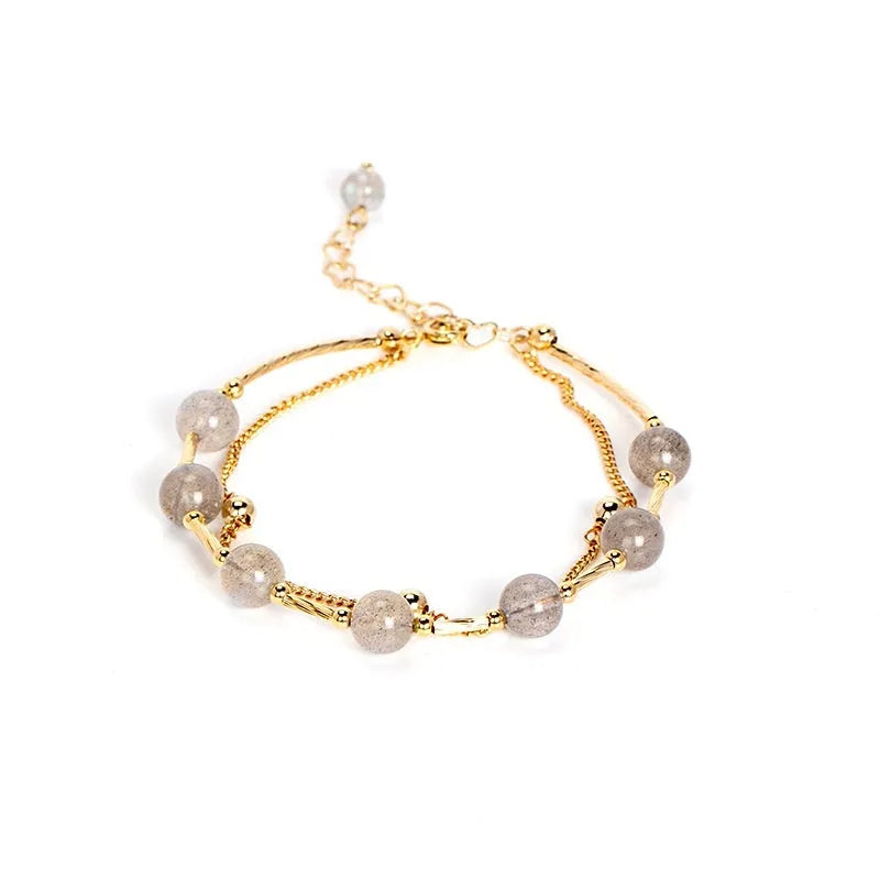 Double layer crystal bracelet with moonstone accents and electroplated copper finish in South Korean style