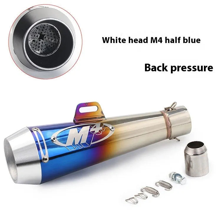 Universal M4 motorcycle exhaust pipe in black, titanium, blue and white steel finishes.