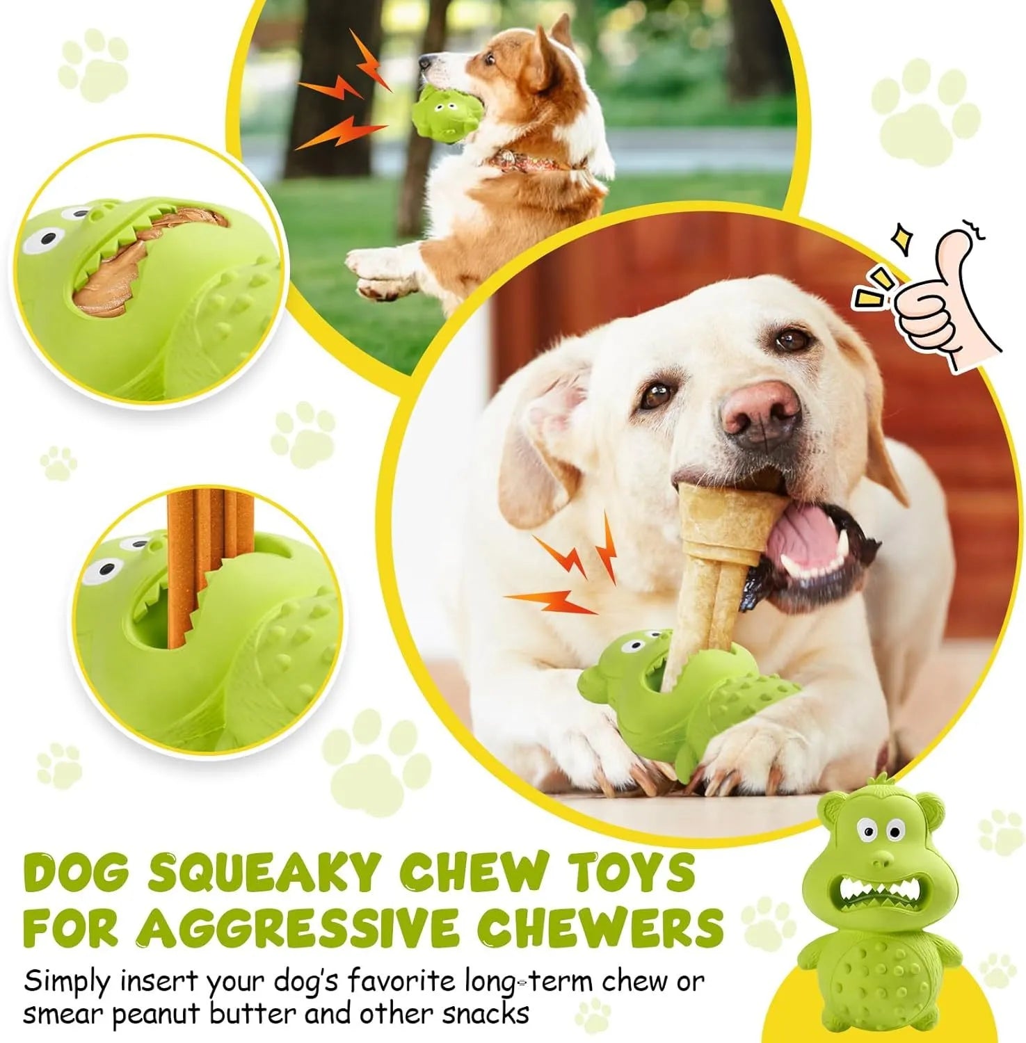 Green and yellow thick natural rubber squeaky dog chew toy for aggressive chewing dogs