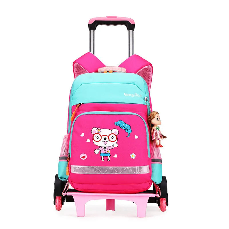 Korean red and black trolley backpack for elementary school students with wheels.