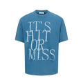 Man's loose blue cotton blend T-shirt with white retro letter printing on the front.