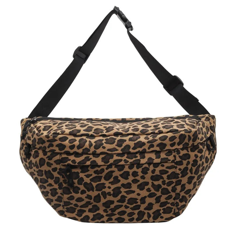 Retro canvas chest bag with leopard print and patchwork design, soft construction, available in multiple colours