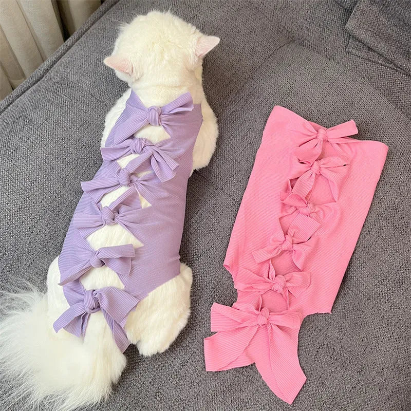 Lace-up cat sterilisation clothing in pink on a cat, showing the adjustable ties and full-body coverage.