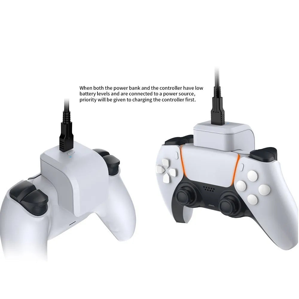 White ABS PS5 handle power bank with Type-C port and LED indicator, attached to a PS5 controller
