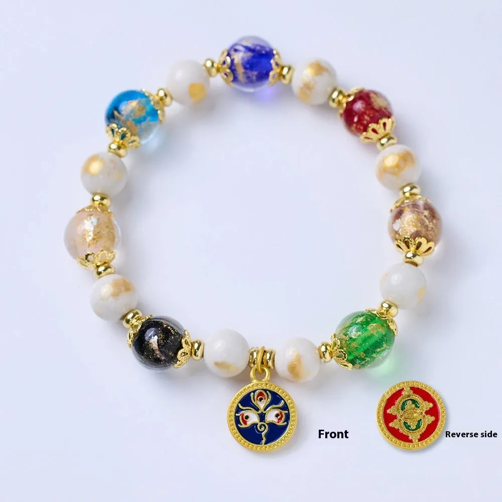 Handmade fragrant gray porcelain glaze bracelet with Five Gods of Wealth motif and geometric 10mm glass beads