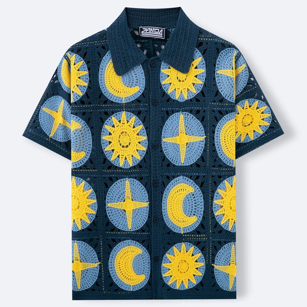 Men's navy blue short-sleeved cardigan with a white cartoon flocking pattern on the front.
