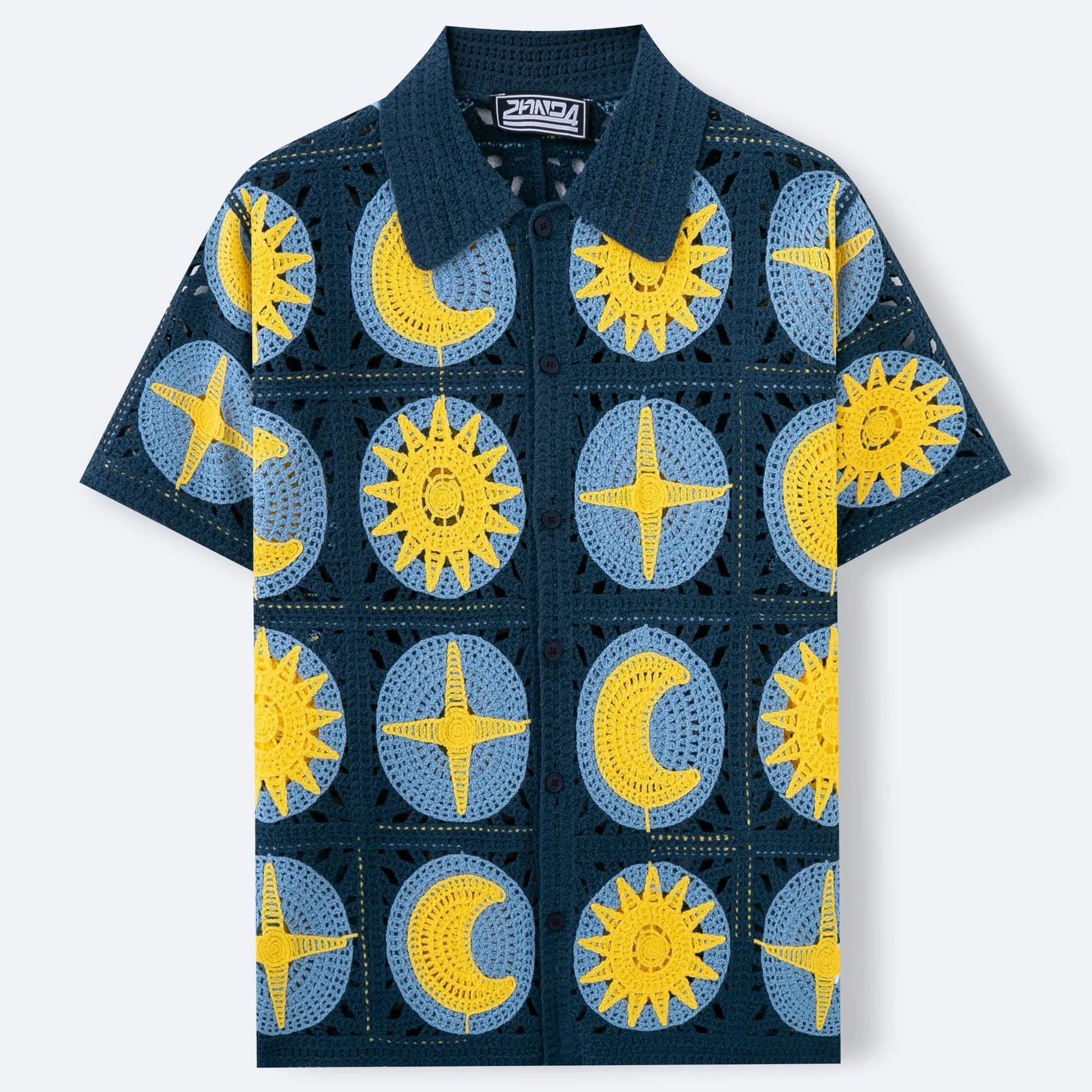 Men's navy blue short-sleeved cardigan with a white cartoon flocking pattern on the front.