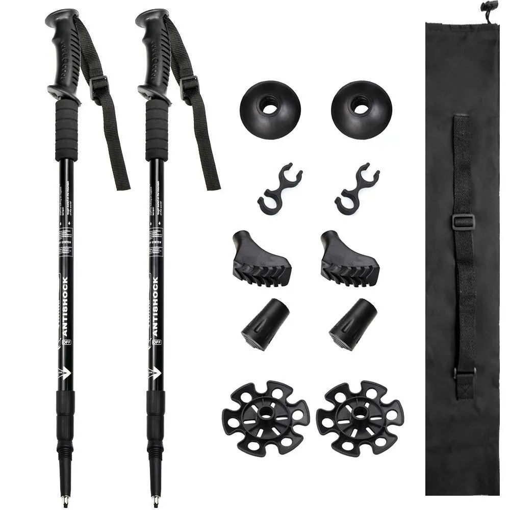 Aluminum alloy three-section adjustable trekking poles in black, red, blue, or silver.