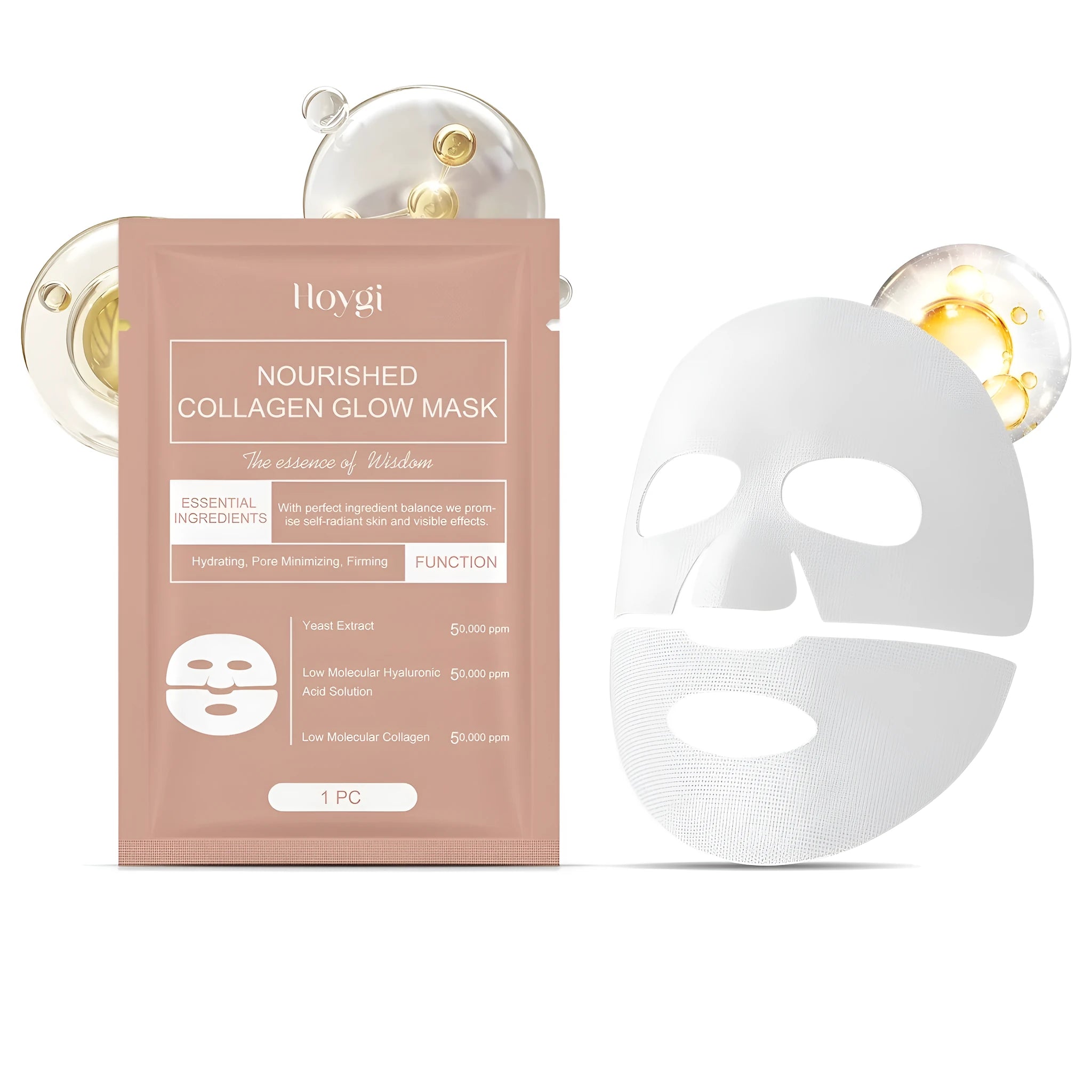 Collagen Glow Face Mask sheet with hyaluronic acid and grape seed oil, pack of 1 or 4 pieces.