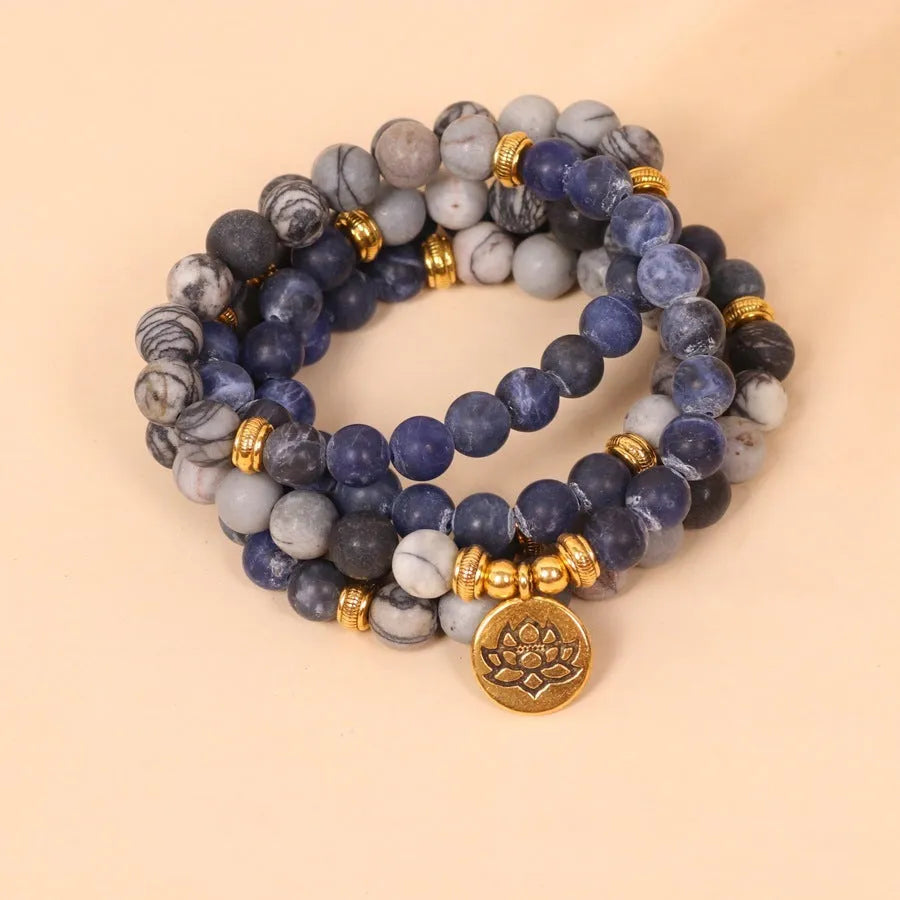 Blue patterned network stone bead multi-layer bracelet with alloy construction and adjustable chain