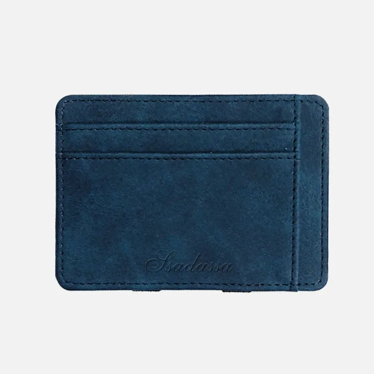 Korean style matte leather magic wallet in horizontal square shape, showing coin pocket and sewing line details.