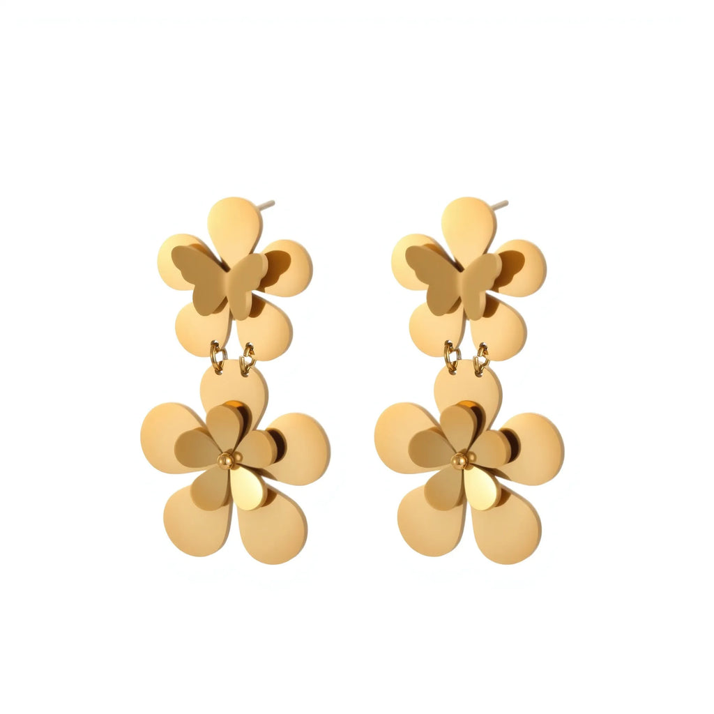 Gold flower butterfly earrings for women with geometric design on stainless steel.