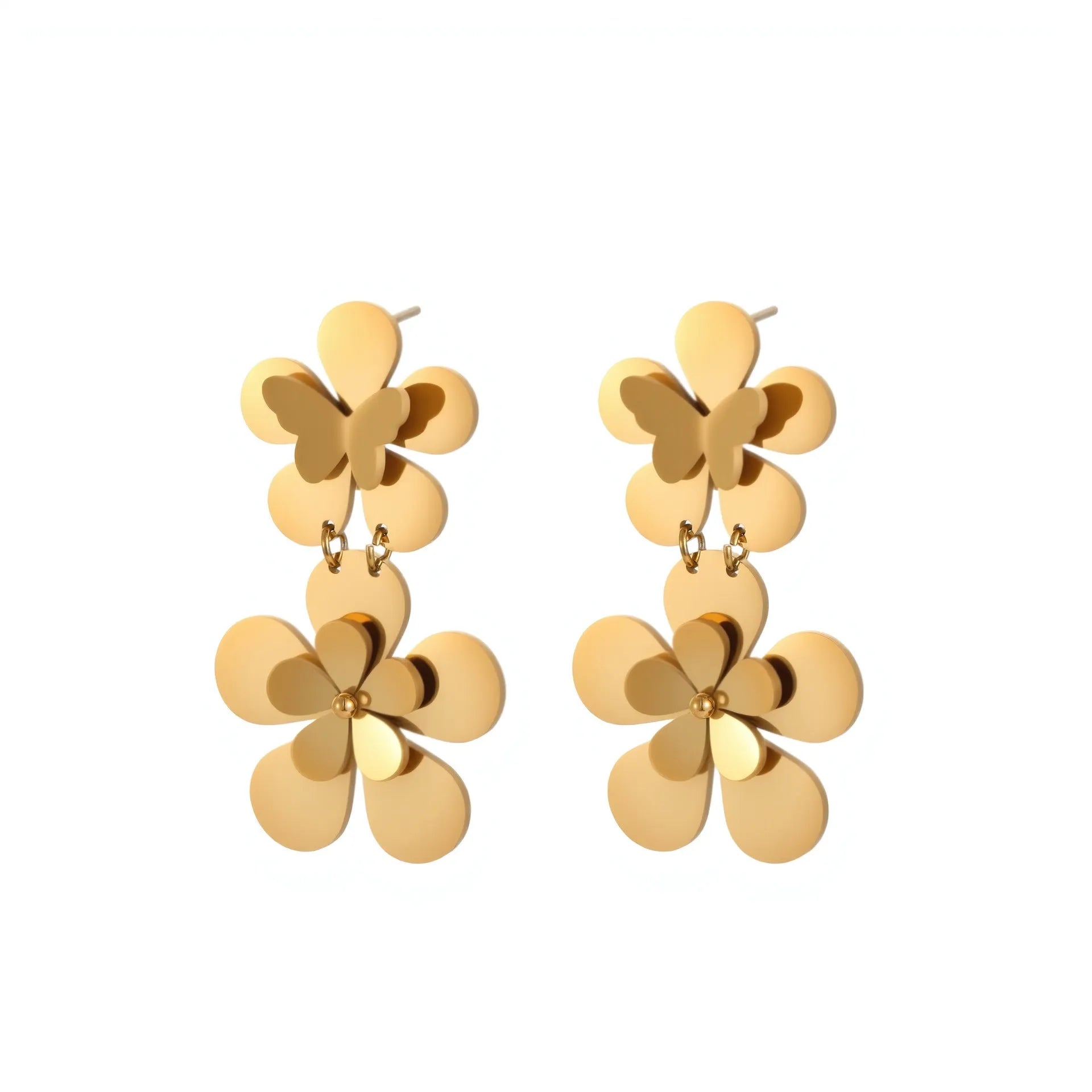 Gold flower butterfly earrings for women with geometric design on stainless steel.